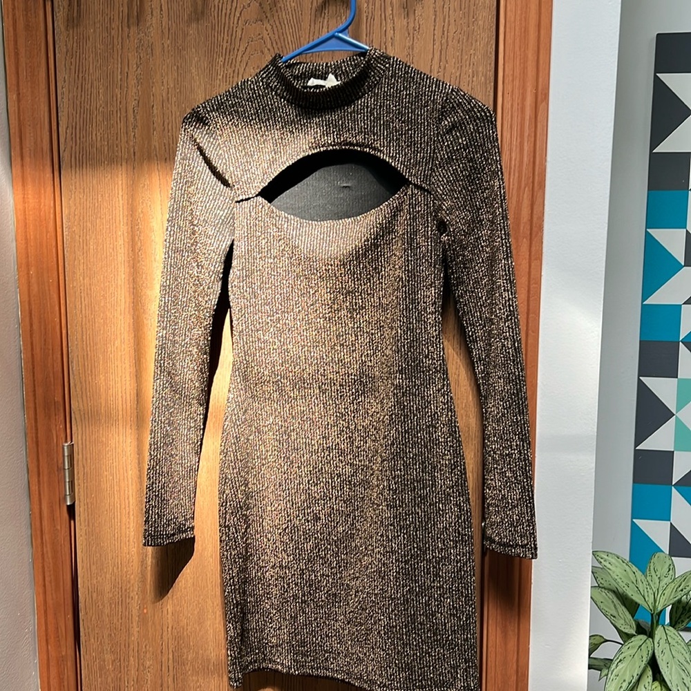 Shimmery gold and black dress, short bodycon style.